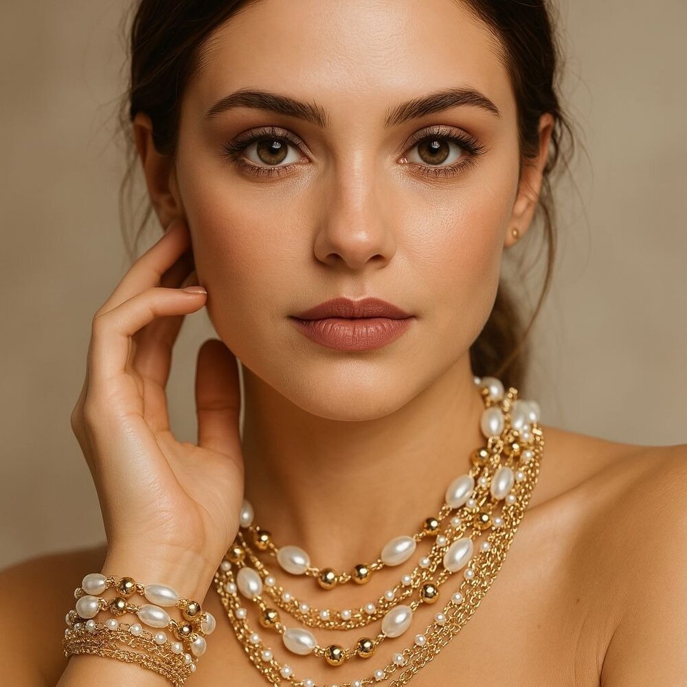 Cora Gold Tone Pearl Beaded Necklace Bracelet‎ Set Layered Chunky Statement Gift